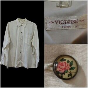 Vintage Victoire Paris White Button Up Shirt Beautiful Floral Buttons Med